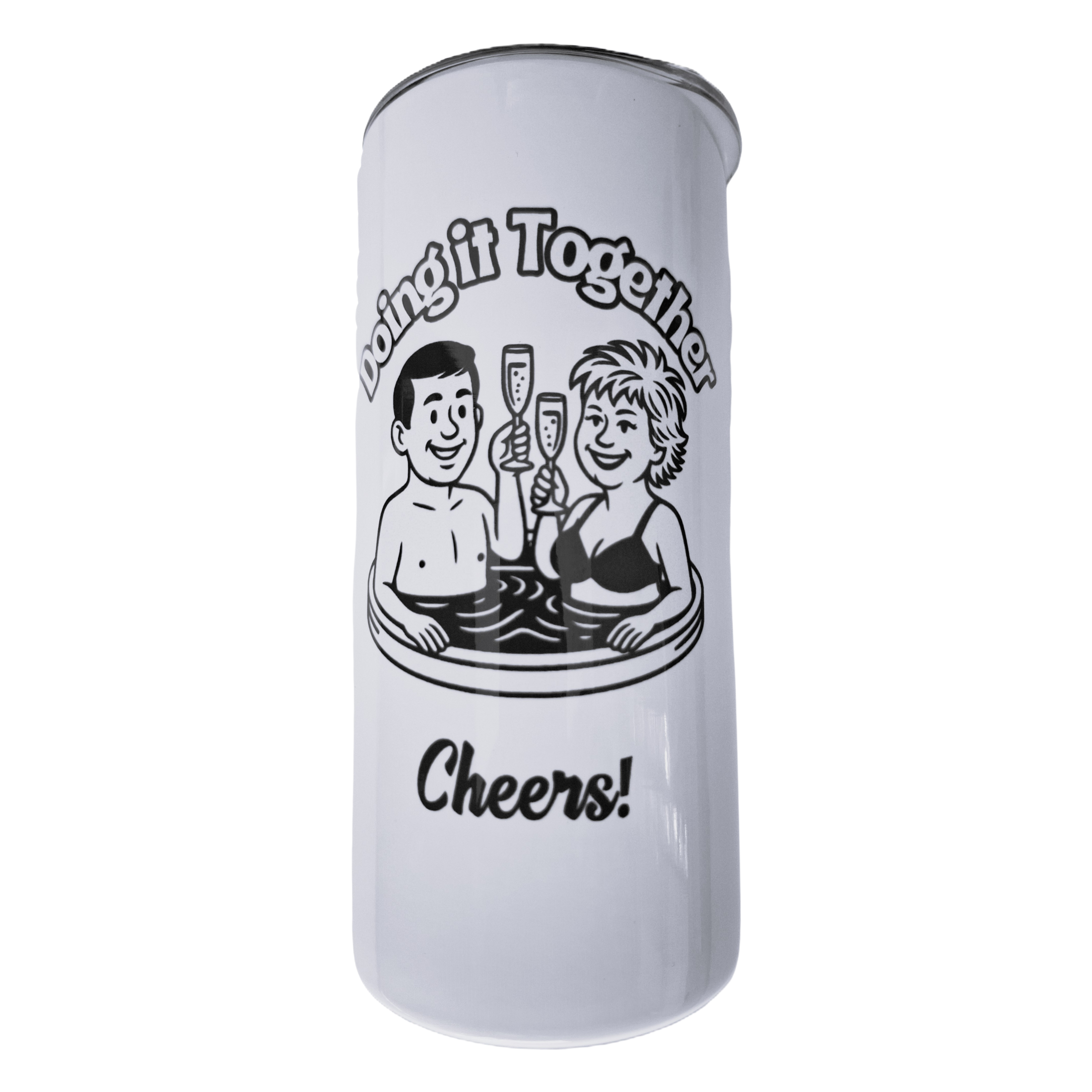 front view of a white drinks tumbler with the Doing it Together logo in black