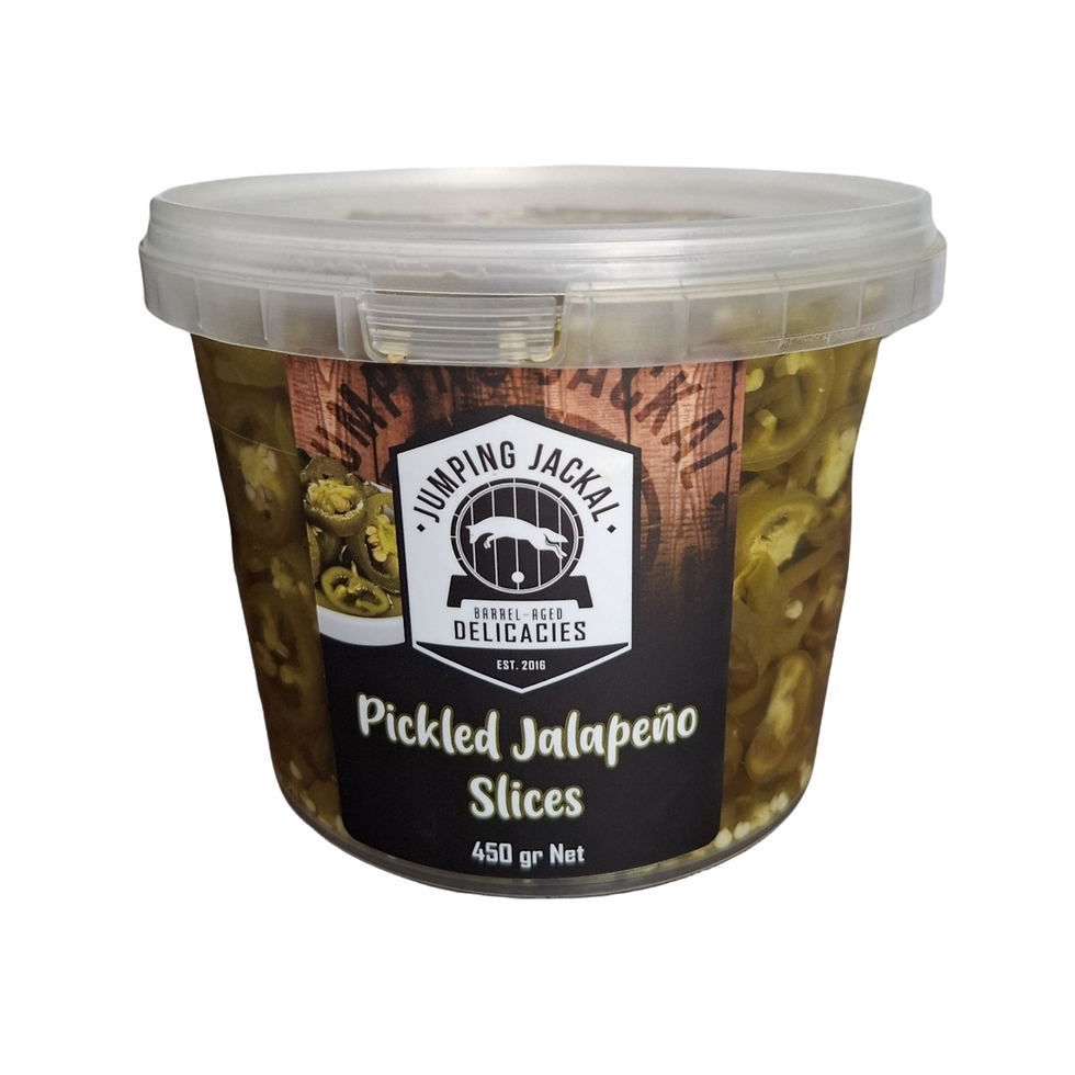 front view Jumping Jackal Pickled Jalapeño Slices 450g