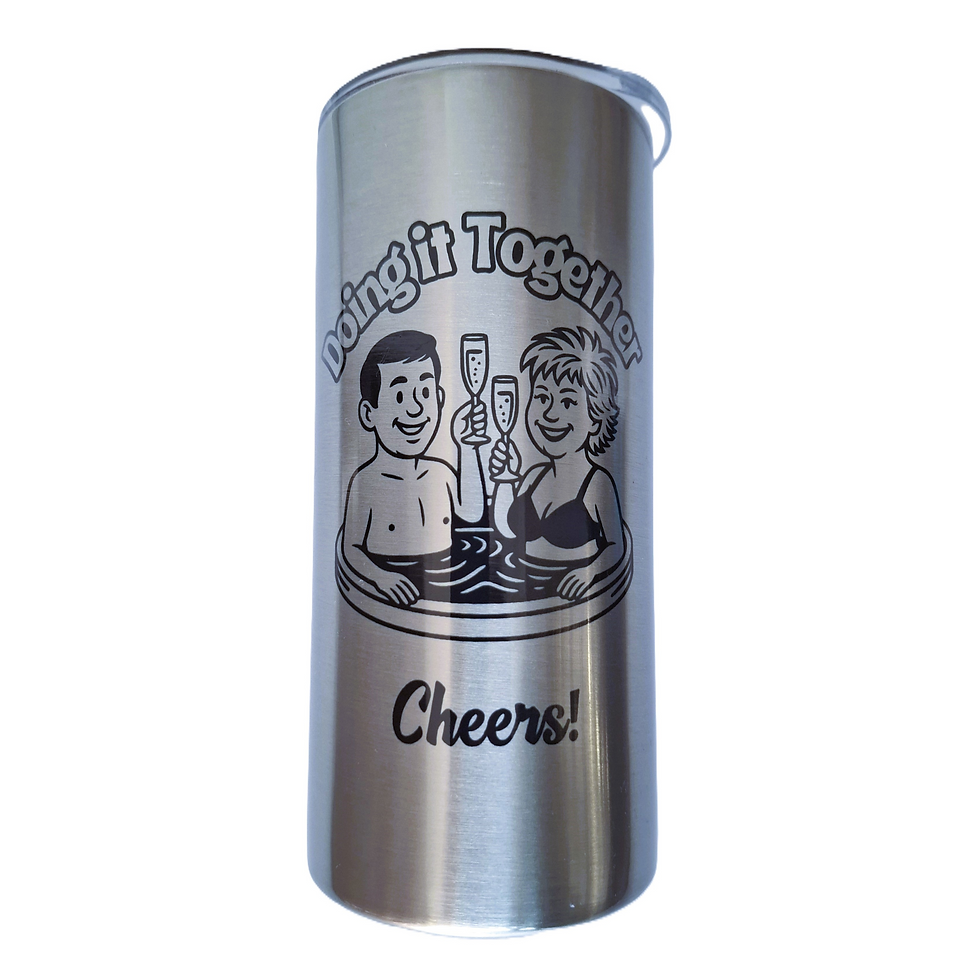 front view of a silver drinks tumbler with the Doing it Together logo in black