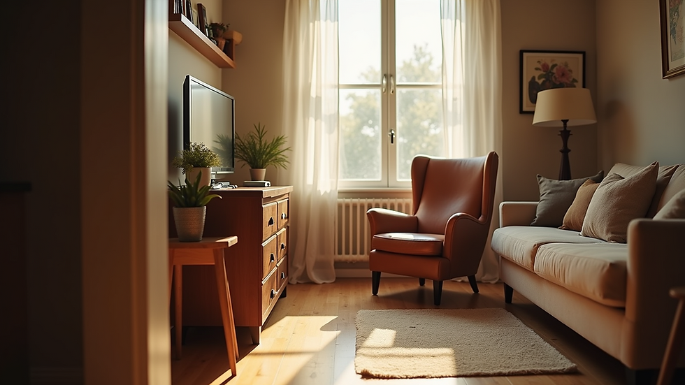 Eye-level view of a cozy living room with a comfortable armchair and a warm atmosphere