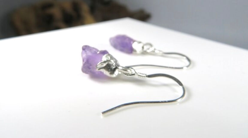 Thumbnail: Sterling Silver Raw Amethyst Earrings