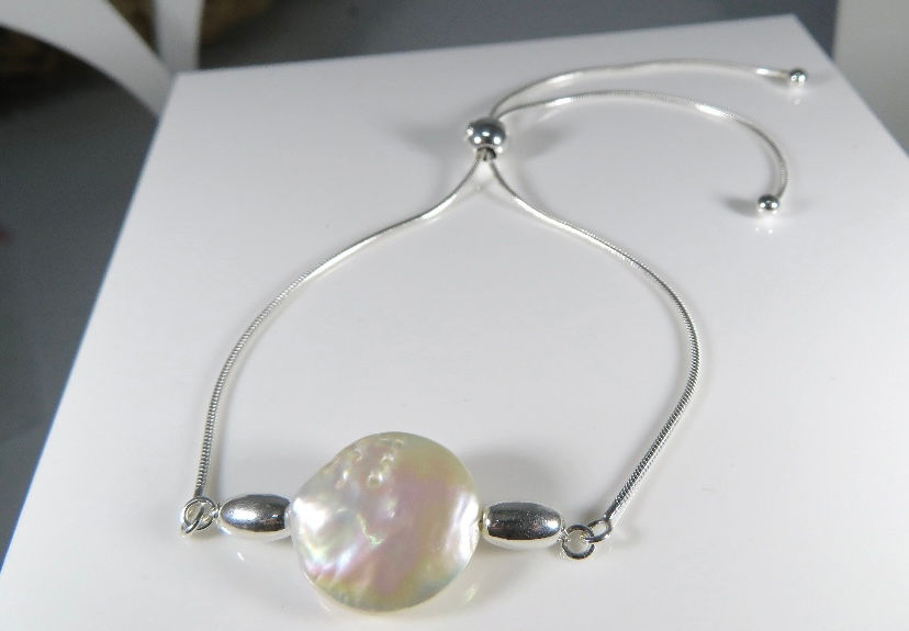 Thumbnail: sterling silver, freshwater pearl slider bracelet 