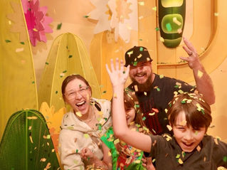 Color Factory Houston with kids confetti room family photo.