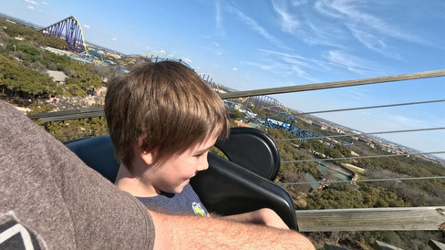 Westin's first roller coaster ride - Texas Stingray at SeaWorld San Antonio, Texas.