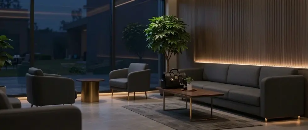 Digital rendering of a modern lounge area featuring grey armchairs, a sofa, and a coffee table with a briefcase. The scene is elegant and sophisticated.