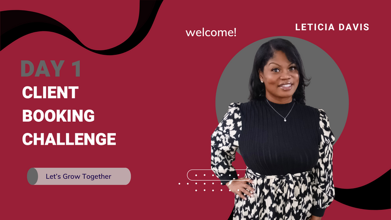 Youtube thumbnail that has a title saying Day 1 Client Booking Challenge with a picture of a woman in the dress with her hands on her hip and smilling.