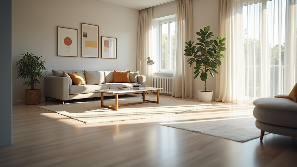 High angle view of a sparkling clean living room after renovation cleaning