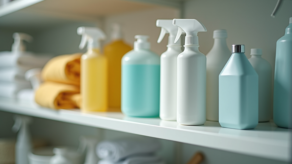 Close-up view of cleaning supplies arranged neatly on a shelf