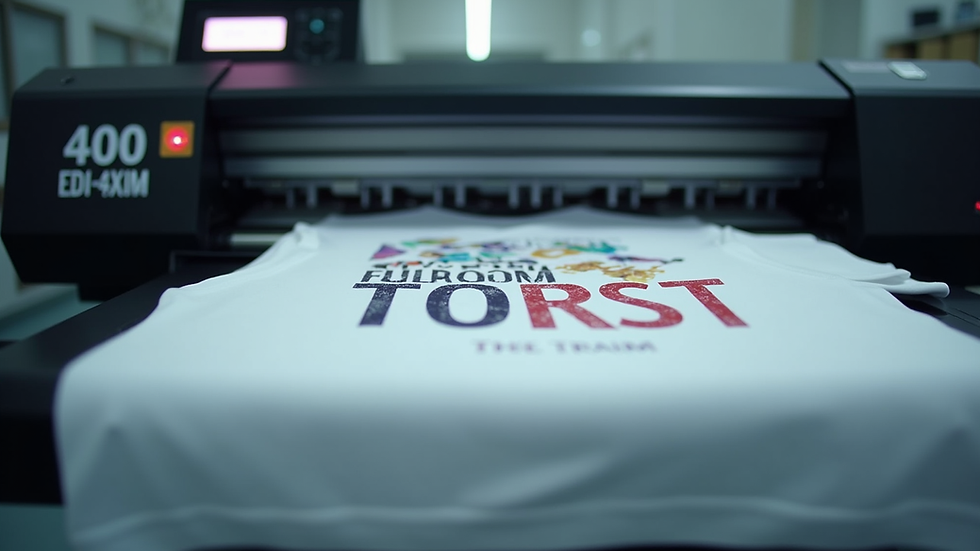 Eye-level view of a digital printer producing custom t-shirts