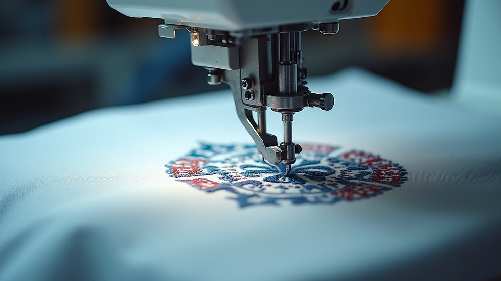 Eye-level view of embroidery machine stitching a logo on fabric