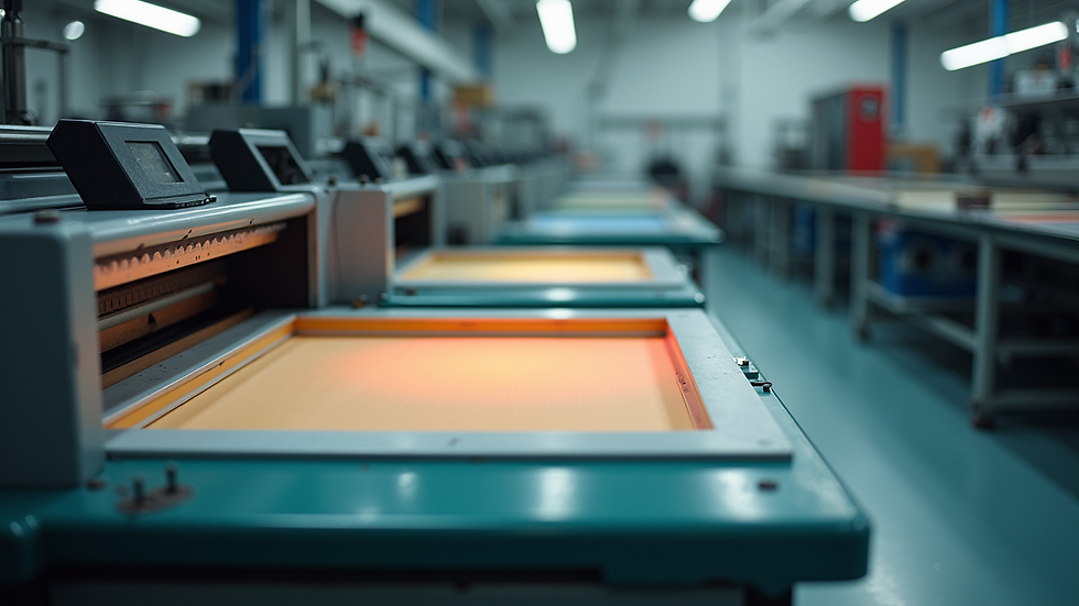 High angle view of a screen printing press with multiple color stations