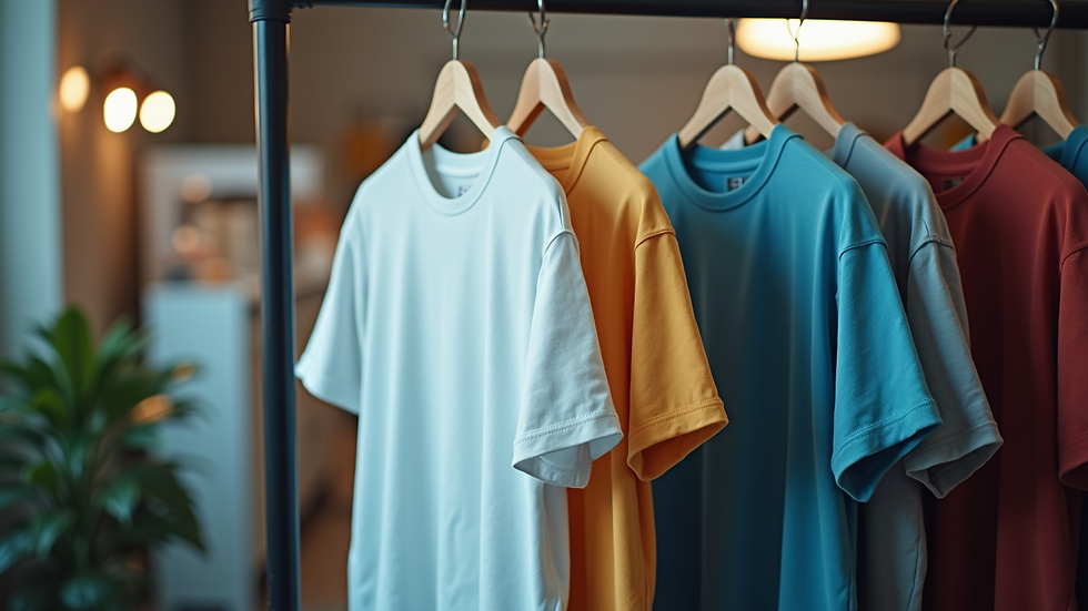 Eye-level view of printed t-shirts hanging on a rack