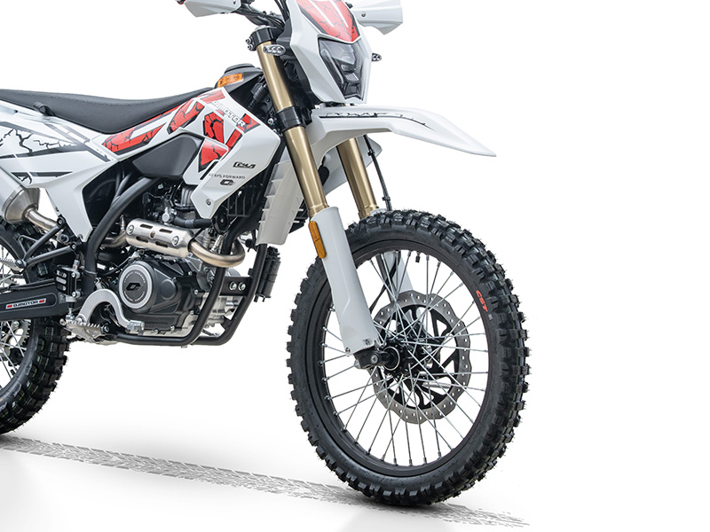 QJMOTOR COV 125 X: Die Vordergabel mit goldfarbenen Rohren, Gabelschutz und Speichenrad.