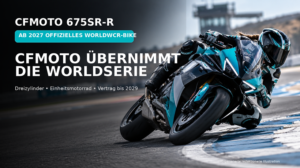 Motorradrennfahrer in Schräglage auf CFMOTO 675SR-R auf der Rennstrecke, mit Werbetext zur Worldserie.