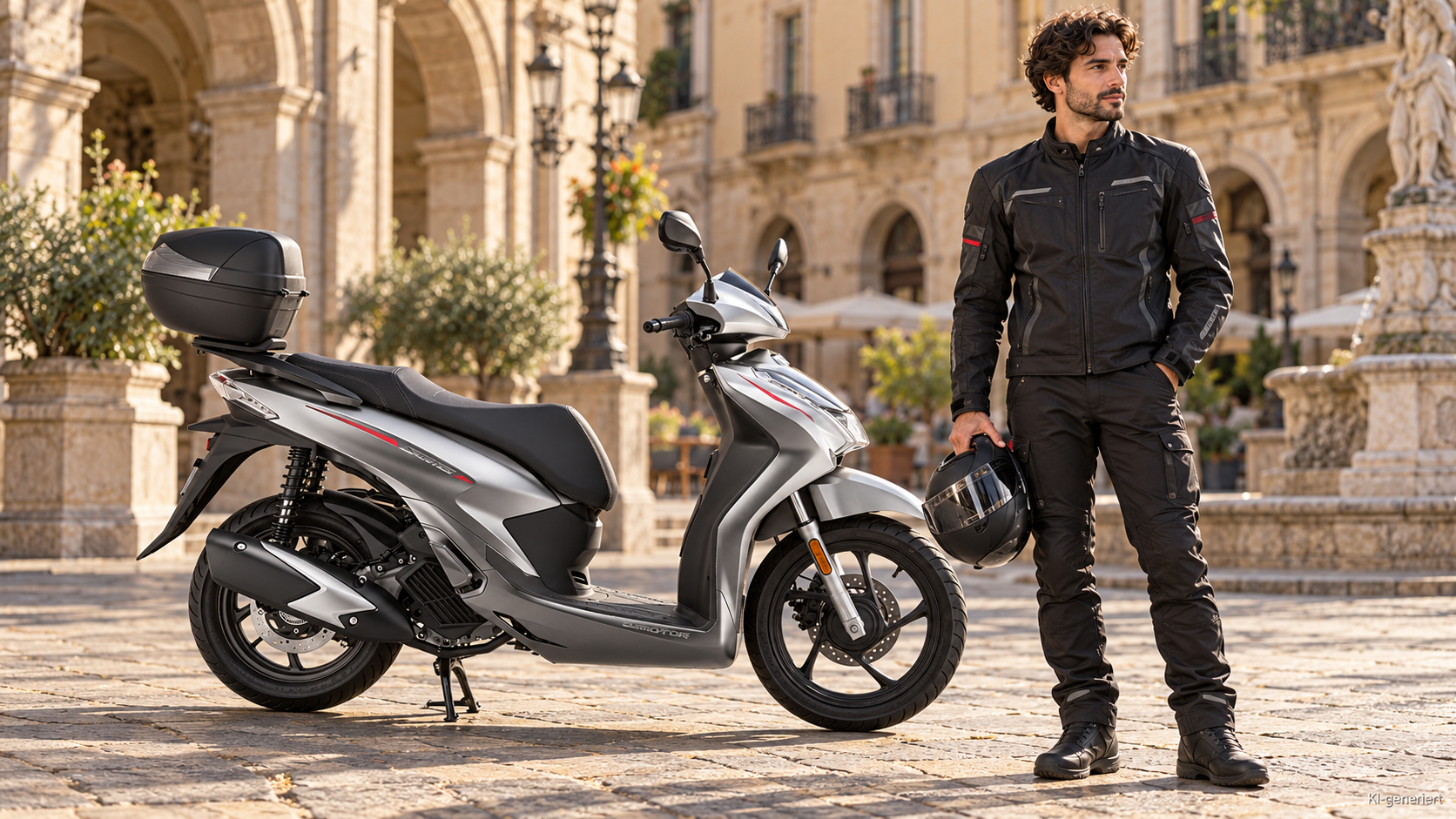 KI-generierte Szene: Silberner QJMOTOR SQ16 125 mit schwarzer Sitzbank und Topcase, vollständig auf einem gepflasterten Stadtplatz geparkt. Ein Mann in schwarzer Motorradkleidung steht im Vordergrund beim Vorderrad und hält einen Helm; historische Steingebäude bilden den Hintergrund.