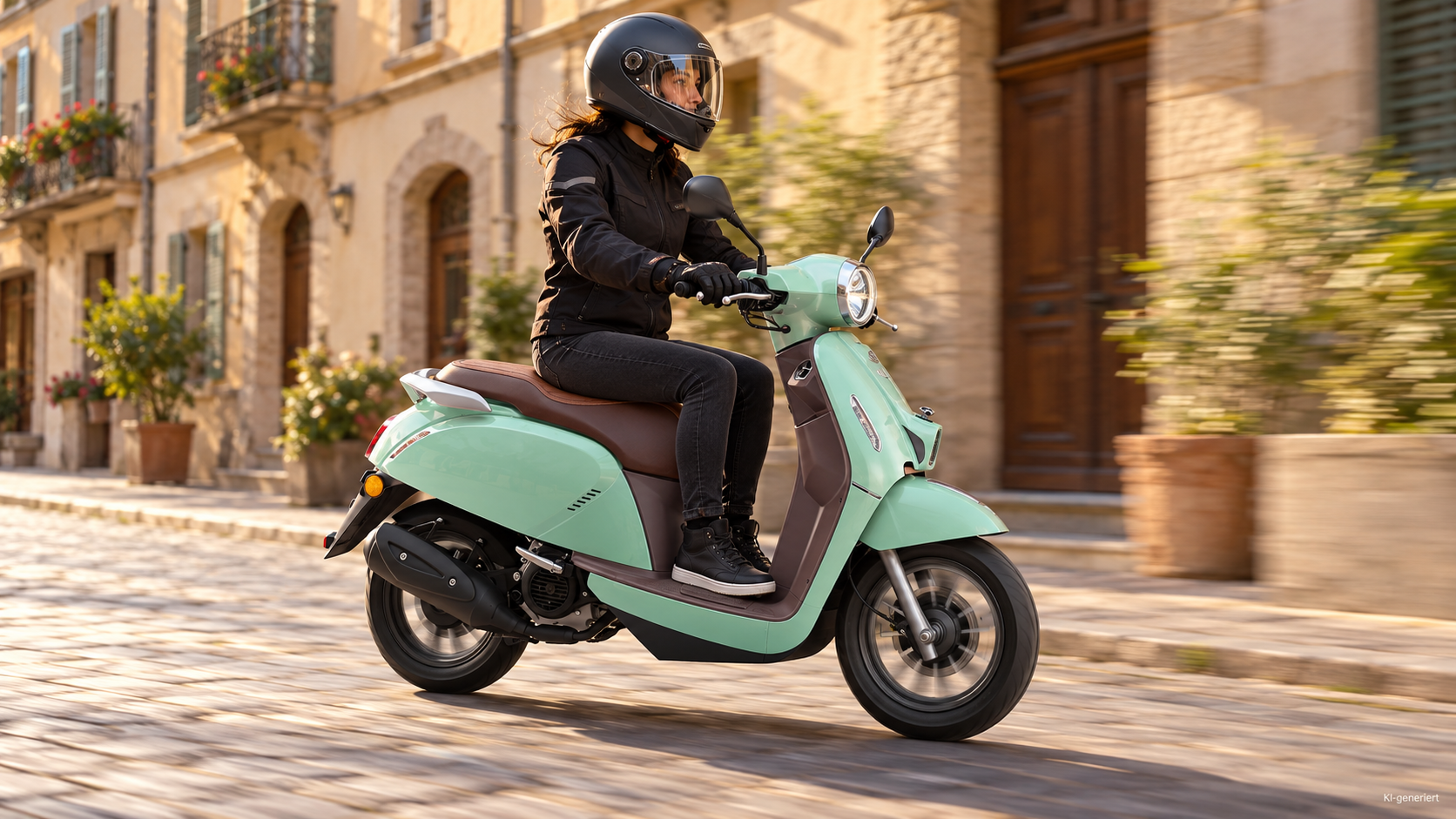 KI-generierte Szene: Mintgrüner QJMOTOR LTR 50 mit brauner Sitzbank in Fahrt auf einer ruhigen Altstadtstraße. Eine Frau trägt schwarzen Integralhelm und dunkle Motorradkleidung; Pflaster, historische Hausfassaden und weiches Sonnenlicht umgeben den vollständig sichtbaren Roller.