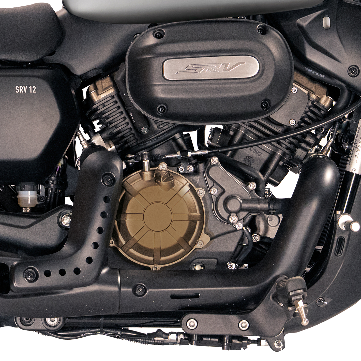 QJMOTOR SRV 12: Der V2-Motor mit schräg angeordneten Zylindern, schwarzem Luftfiltergehäuse und bronzefarbenem Deckel.