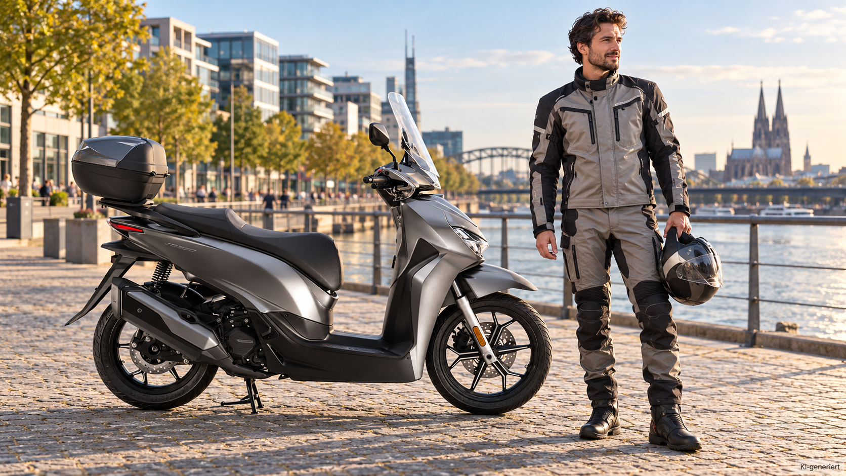 KI-generierte Szene: Silbergrauer QJMOTOR SQ16 350 mit hoher Windschutzscheibe, schwarzer Sitzbank und Topcase, vollständig auf einer gepflasterten Flusspromenade geparkt. Ein Mann in grau-schwarzer Motorradkleidung steht im Vordergrund beim Vorderrad und hält seinen Helm. Bäume, moderne Wohnhäuser und entfernte Kirchtürme liegen dahinter.