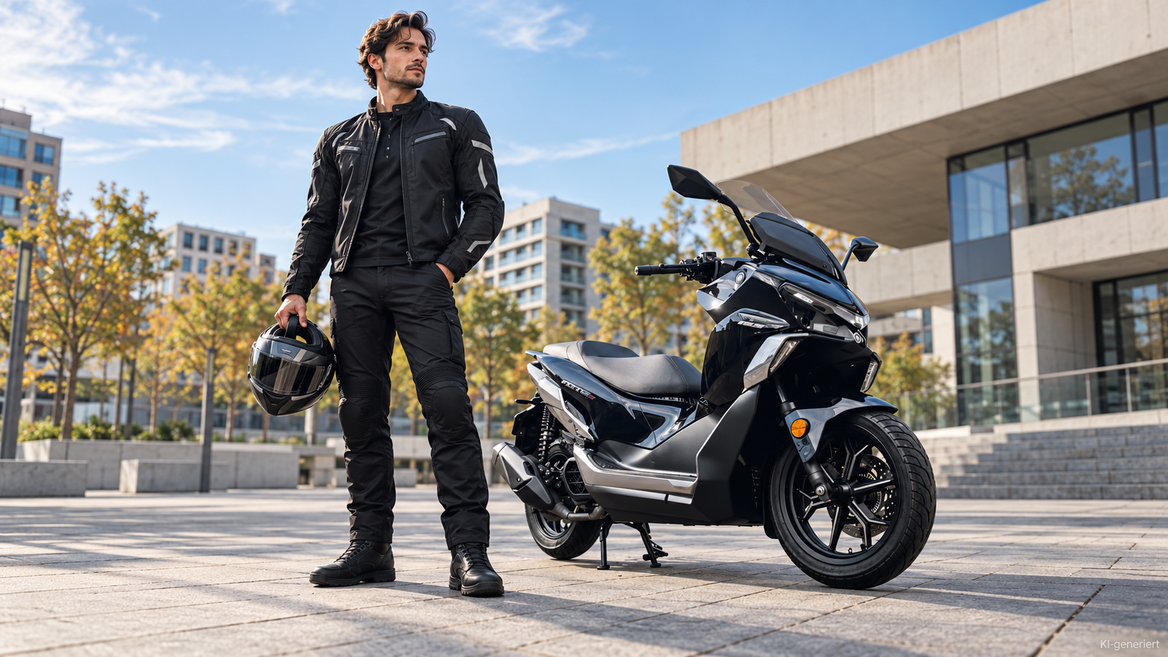 KI-generierte Szene: Dunkler QJMOTOR FORT 125 N mit silbernen Verkleidungselementen, vollständig auf einem modernen Stadtplatz geparkt. Ein Mann in schwarzer Motorradkleidung steht vor dem Roller und hält einen Helm; Beton- und Glasgebäude sowie Bäume stehen dahinter.