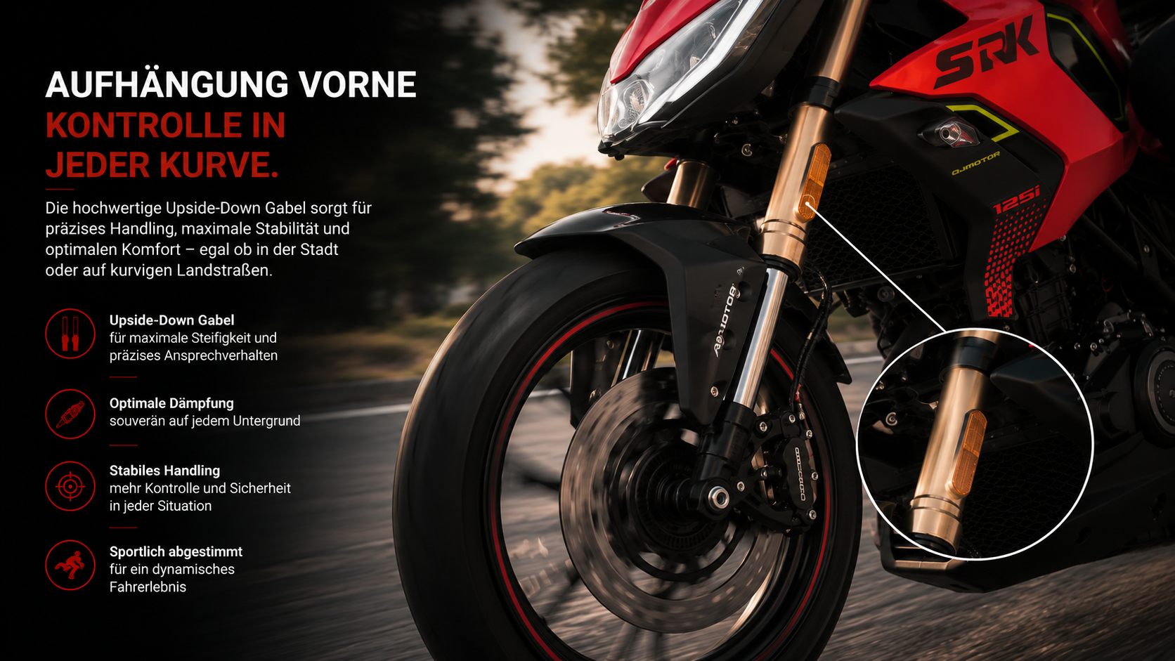 QJMOTOR SRK 125 RW: Die goldfarbene Vordergabel mit Vorderrad und Bremsscheibe unter der Frontverkleidung.