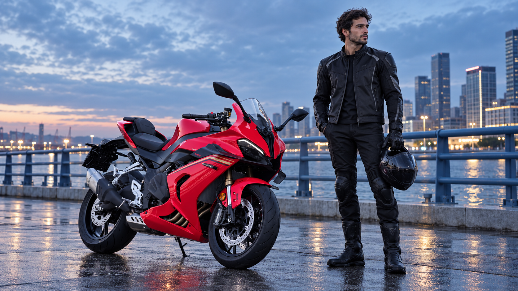 KI-generierte Szene: Roter QJMOTOR SRK 800 RR mit schwarzer Vollverkleidung, goldfarbenen Zierstreifen und schwarzer Sitzbank, vollständig auf einer gepflasterten Flusspromenade geparkt. Ein Mann in schwarzer Motorradkleidung steht im Vordergrund beim Vorderrad und hält einen schwarzen Helm. Hafenreling, Wasser und beleuchtete Hochhäuser liegen unter einem blaugrauen Abendhimmel dahinter.