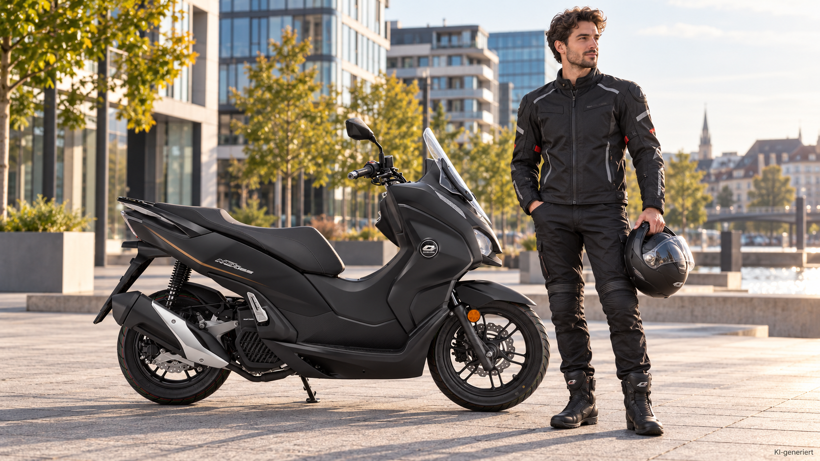 KI-generierte Szene: Schwarzer QJMOTOR MTX 125, vollständig von der Seite auf einem gepflasterten Platz am Wasser geparkt. Ein Mann in dunkler Motorradkleidung und Stiefeln steht beim Vorderrad im Vordergrund und hält einen Helm; Glasgebäude und Bäume bilden den Hintergrund.