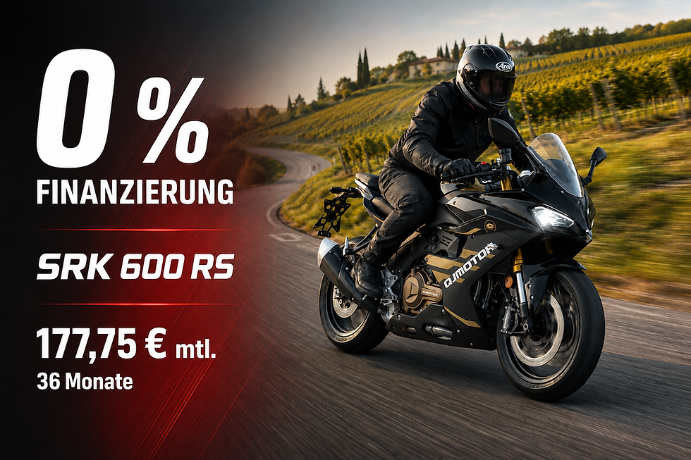 Motorradfahrer auf schwarzer QJMOTOR SRK 600 RS in Weinbergen; links Werbetext: 0 % Finanzierung, 177,75 € mtl., 36 Monate.