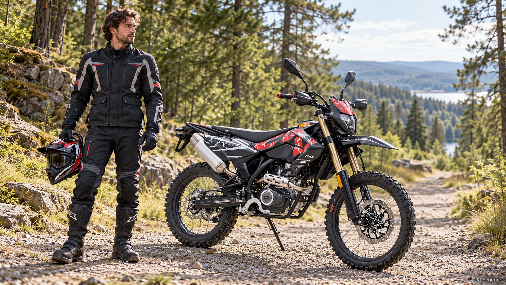 KI-generierte Szene: Schwarz-roter QJMOTOR COV 125 X, vollständig auf einem steinigen Waldweg geparkt. Ein Mann in schwarz-grauer Endurokleidung steht vor dem Motorrad im linken Vordergrund und hält einen Helm; Felsen, Wald und ein entfernter See sind sichtbar.