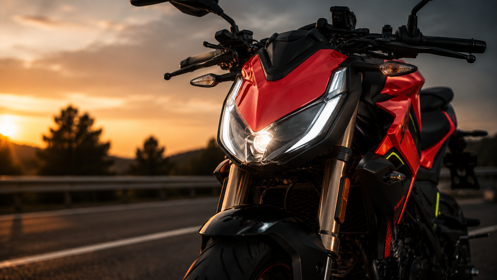 QJMOTOR SRK 125 RW: Die kantige rote Front mit eingeschaltetem Scheinwerfer und goldfarbener Gabel.