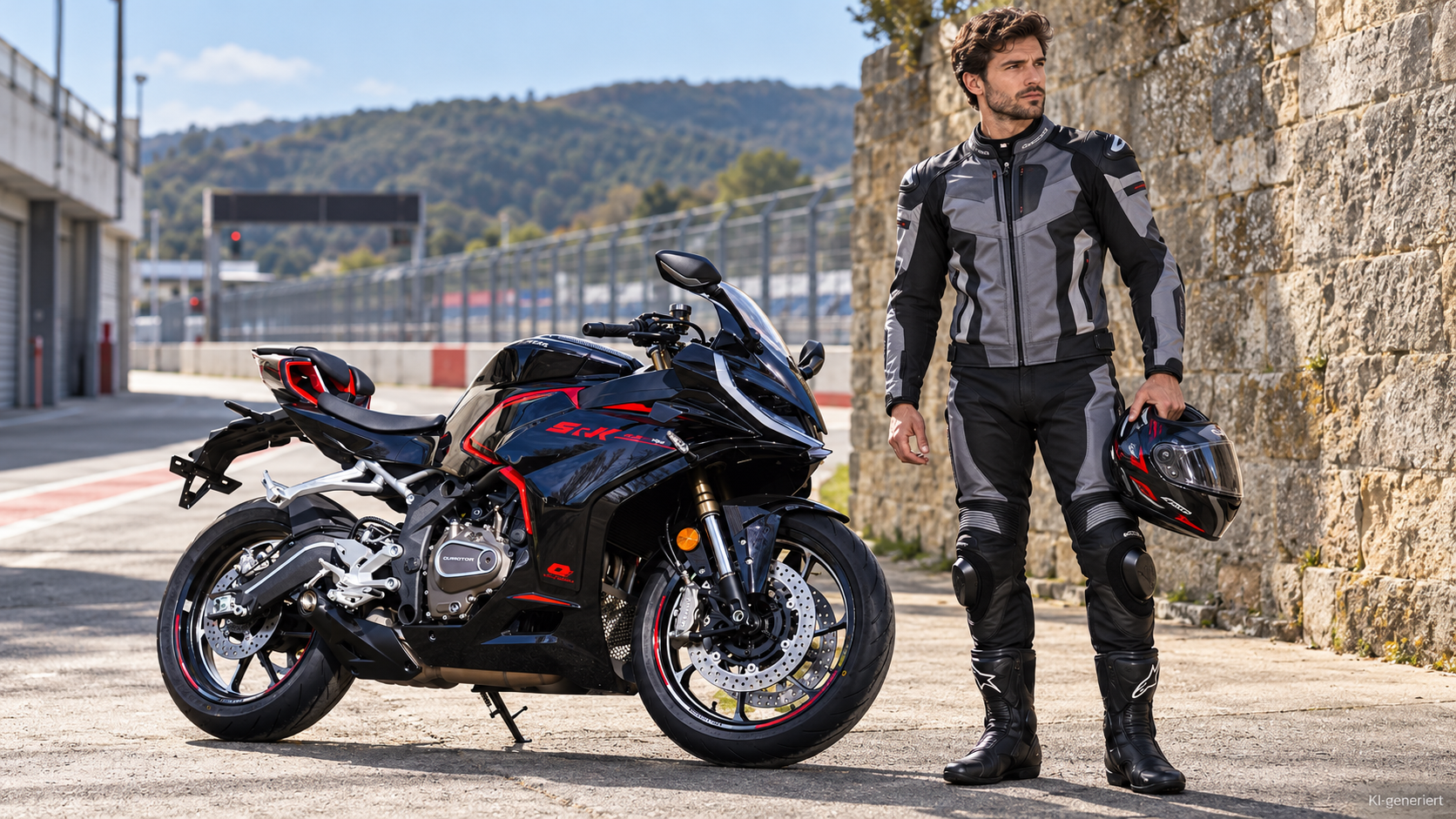 KI-generierte Szene: Dunkelblauer QJMOTOR SRK 421 RR mit roten Akzenten und Vollverkleidung, vollständig auf dem Asphalt eines Fahrerlagers geparkt. Ein Mann in grau-schwarzer Motorradkleidung steht im Vordergrund beim Vorderrad und hält einen rot-schwarzen Helm. Eine Steinmauer, Boxengebäude und Tribünen liegen dahinter.