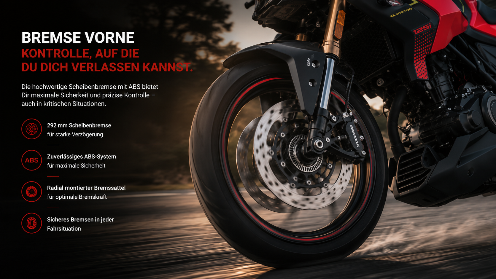QJMOTOR SRK 125 RW: Eine Gestaltung zur Vorderradbremse mit vergrößertem Rad- und Bremsausschnitt sowie erklärendem Text.