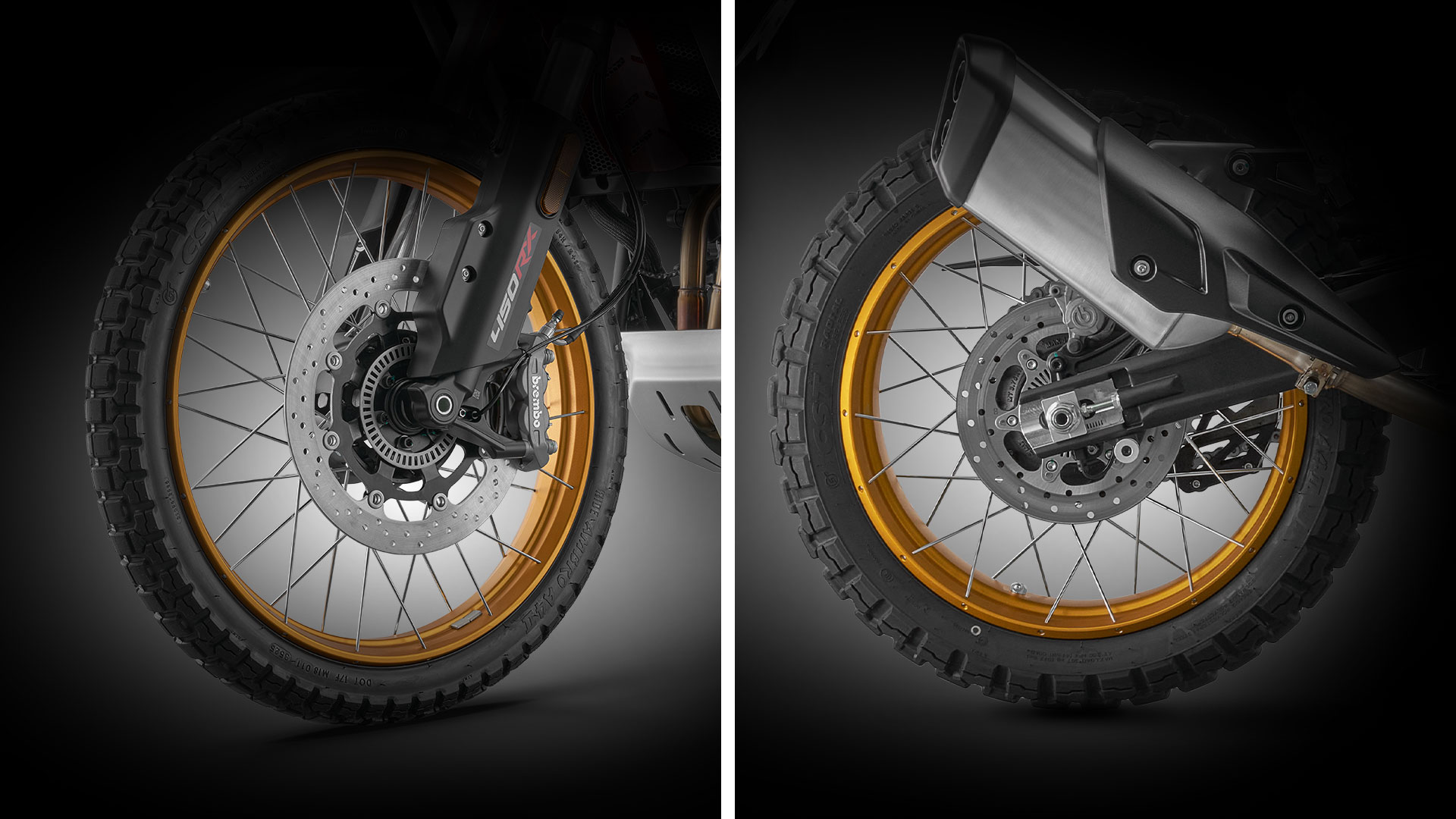 QJMOTOR SRT 450 RX: Das goldfarbene Speichenvorderrad mit großer gelochter Bremsscheibe und Gabel.