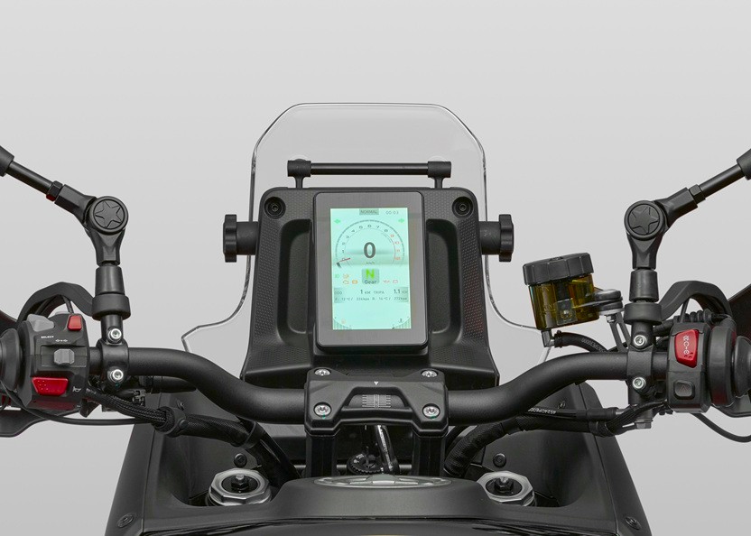 QJMOTOR SRT 450 RX: Das hochformatige TFT-Instrument in seiner Halterung vor dem Lenker.