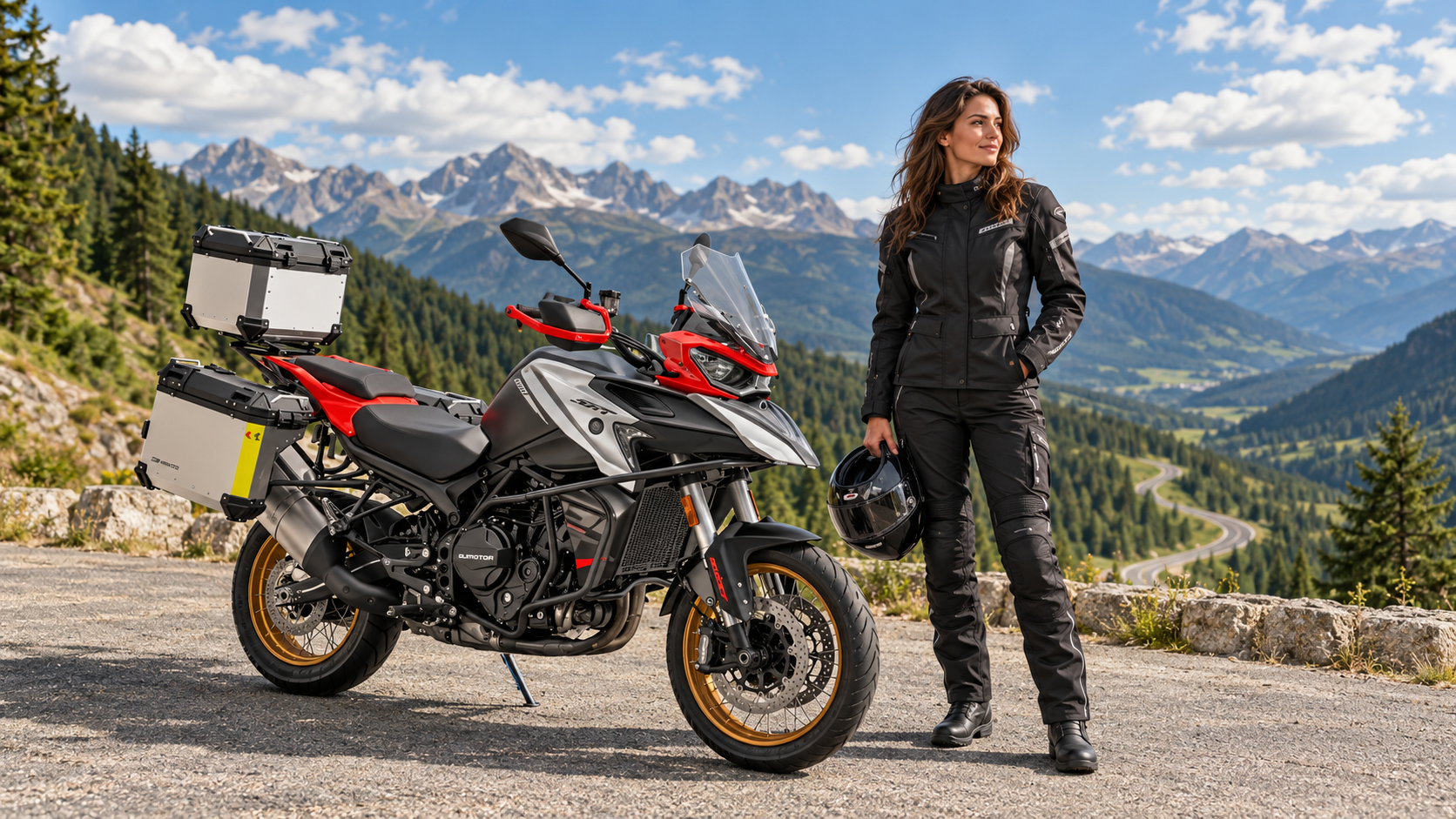 KI-generierte Szene: Grau-rot-schwarzer QJMOTOR SRT 900 SX mit Windschutzscheibe, goldfarbenen Speichenrädern und Aluminiumkoffern, vollständig an einem asphaltierten Bergpass geparkt. Eine Frau in schwarzer Motorradkleidung steht im Vordergrund beim Vorderrad und hält ihren Helm. Eine kurvige Straße, Nadelwald und Berggipfel bilden den Hintergrund.