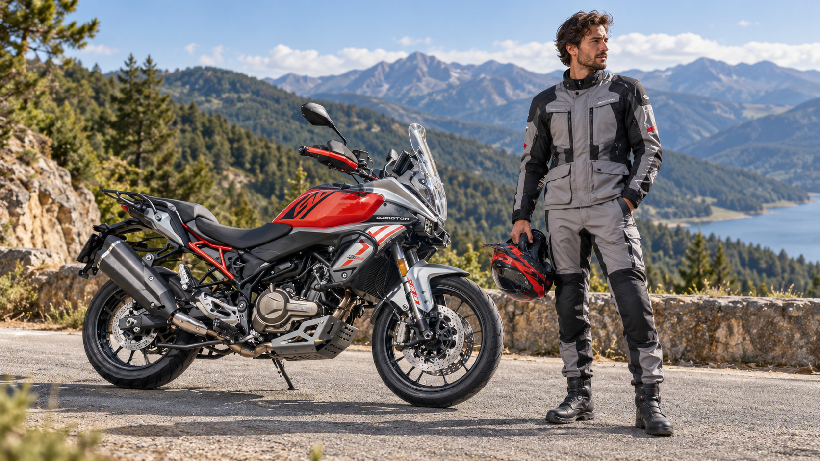 KI-generierte Szene: Rot-grau-schwarzer QJMOTOR SRT 600 SX mit hoher Windschutzscheibe und Speichenrädern, vollständig an einem Bergpass geparkt. Ein Mann in grau-schwarzer Motorradkleidung steht im Vordergrund beim Vorderrad und hält seinen Helm; eine Steinmauer, ein See und bewaldete Bergketten liegen dahinter.