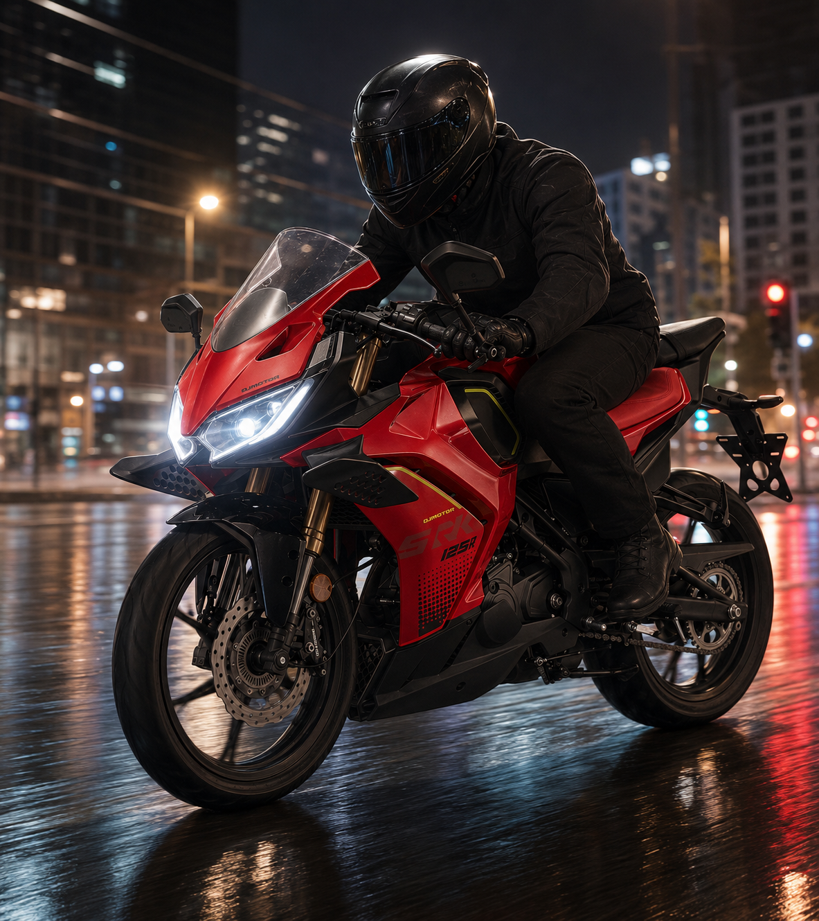 QJMOTOR SRK 125 RS: KI-generierte Visualisierung eines Fahrers auf einer roten Sportmaschine vor nächtlicher Stadtkulisse.