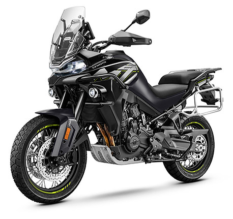 CFMOTO 800MT Explore von vorne links in schwarz und weiß ohne Koffer