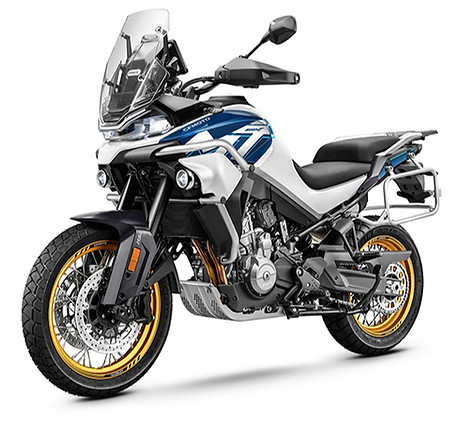 CFMOTO 800MT Explore von vorne links in schwarz und weiß ohne Koffer