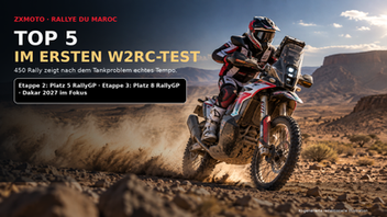 Rennmotorradfahrer in Marokkos Wüste mit Staubwolke; Text: TOP 5 IM ERSTEN W2RC-TEST.