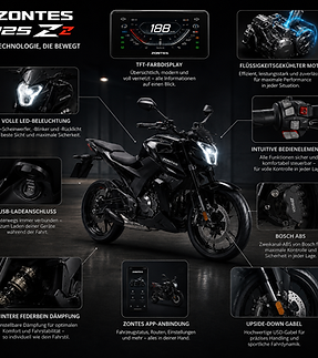 Die ZONTES 125Z2 fühlt sich technisch ein bisschen so an, als hätte jemand aus Versehen ein Mittelklasse-Bike geschrumpft. Slipper-Clutch, Bosch-Einspritzung, Bosch-ABS und moderne LED-Technologie sorgen für erstaunlich viel Hightech in der 125er-Klasse. Dazu kommt der hochverdichtete Motor, der Effizienz und Leistung clever kombiniert – quasi Fitnessstudio und Fast Food gleichzeitig. Während manche Wettbewerber technisch noch „bewährte Tradition“ verkaufen, liefert die Z2 einen modernen, fast futuristischen Gesamteindruck. Das Ergebnis: echtes Naked-Bike-Feeling mit überraschend viel Technik-Spielerei fürs Geld.