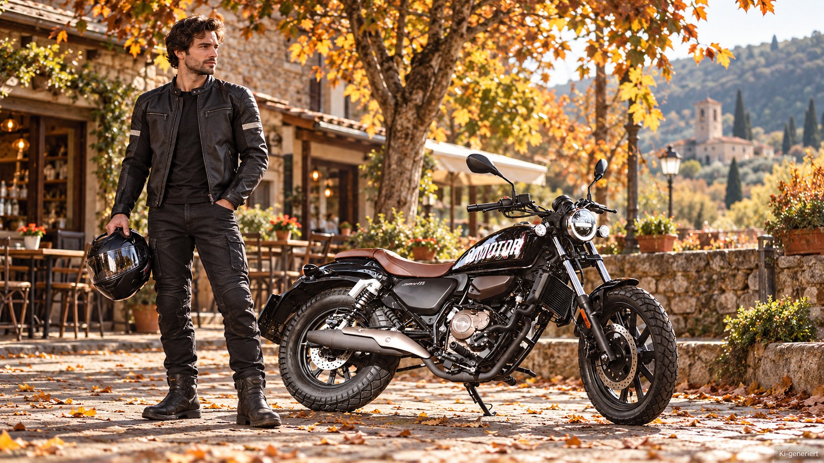 KI-generierte Szene: Schwarzer QJMOTOR SRV 125 mit brauner Sitzbank, vollständig vor einem Dorf-Café geparkt. Ein Mann in dunkler Motorradkleidung steht vor dem Cruiser im linken Vordergrund und hält einen Helm; herbstliche Blätter, Café-Tische und steinerne Häuser rahmen die Szene ein.