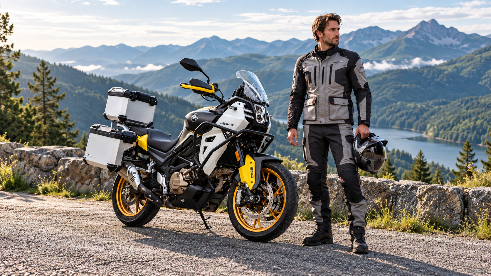KI-generierte Szene: Weiß-schwarzer QJMOTOR SVT 650 X mit gelben Akzenten, goldfarbenen Speichenrädern und Aluminiumkoffern, vollständig an einem felsigen Aussichtspunkt geparkt. Ein Mann in grau-schwarzer Schutzkleidung steht beim Vorderrad und hält seinen Helm. Bewaldete Hänge und hohe Berggipfel bilden den Hintergrund.
