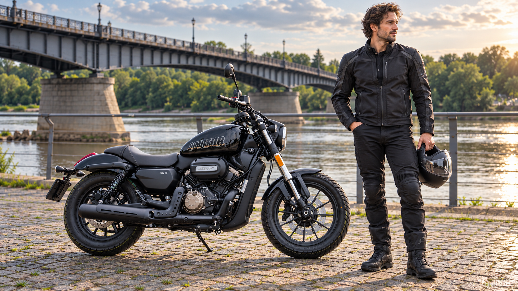 KI-generierte Szene: Schwarzer QJMOTOR SRV 12, vollständig von der Seite auf einer gepflasterten Uferpromenade geparkt. Ein Mann in schwarzer Motorradkleidung und Stiefeln steht beim Vorderrad und hält einen Helm; Fluss, Geländer und eine Stahlbrücke liegen im warmen Abendlicht dahinter.