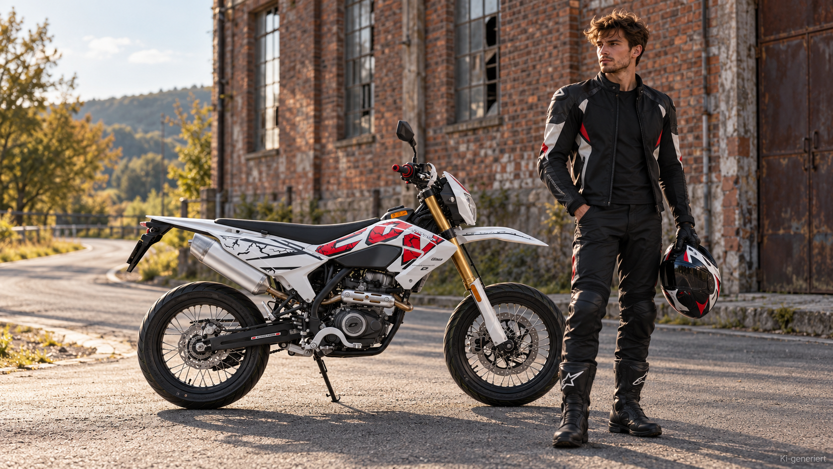 KI-generierte Szene: Weiß-roter QJMOTOR COV 125 SM, vollständig von der Seite vor einem alten Ziegelgebäude geparkt. Ein Mann in schwarz-grauer Motorradkleidung und Stiefeln steht im Vordergrund nahe dem Vorderrad und hält einen schwarz-roten Helm.