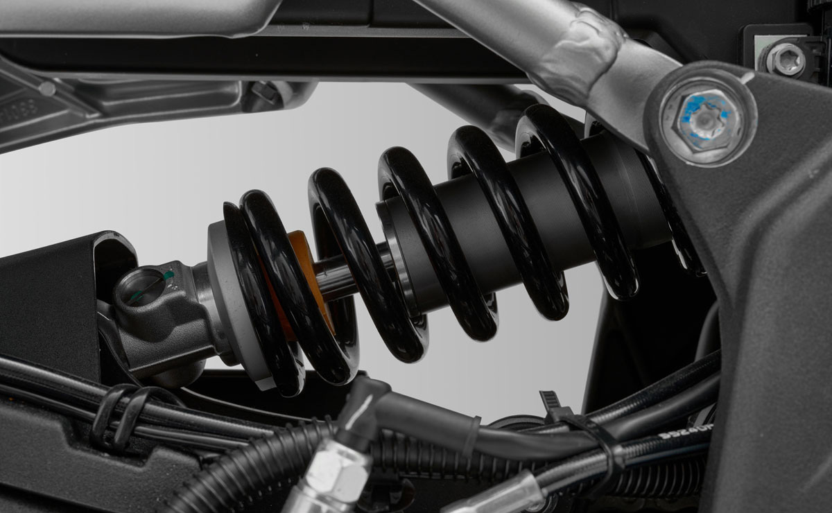 QJMOTOR SRK 421 RR: Das zentrale hintere Federbein mit schwarzer Schraubenfeder unter der Sitzbank.