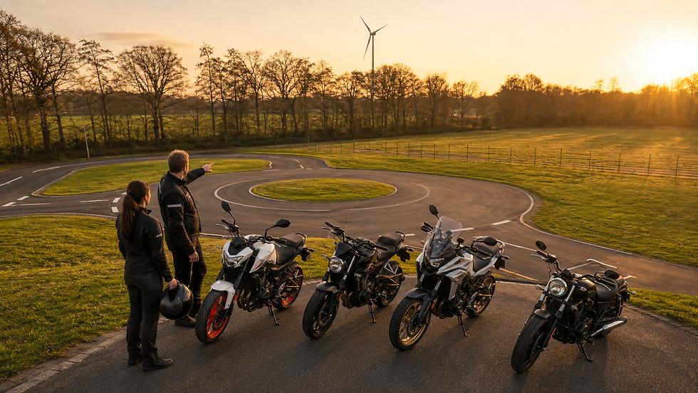 Zwei Motorradfahrer mit vier Motorrädern auf einer Rundstrecke bei Sonnenuntergang; einer zeigt auf ein Windrad.