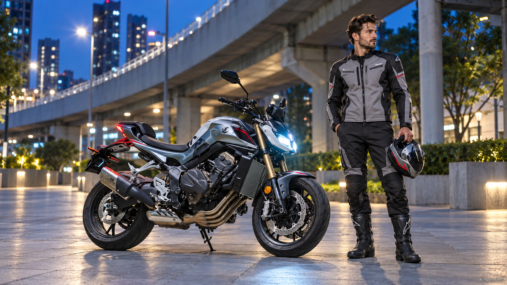 KI-generierte Szene: Grau-schwarzer QJMOTOR SRK 800 in seitlicher Dreiviertelansicht unter einer städtischen Hochstraße geparkt. Ein Mann in grau-schwarzer Motorradkleidung steht im Vordergrund beim Vorderrad und hält einen Helm. Beleuchtete Hochhäuser und Glasfassaden sind im Hintergrund zu sehen.
