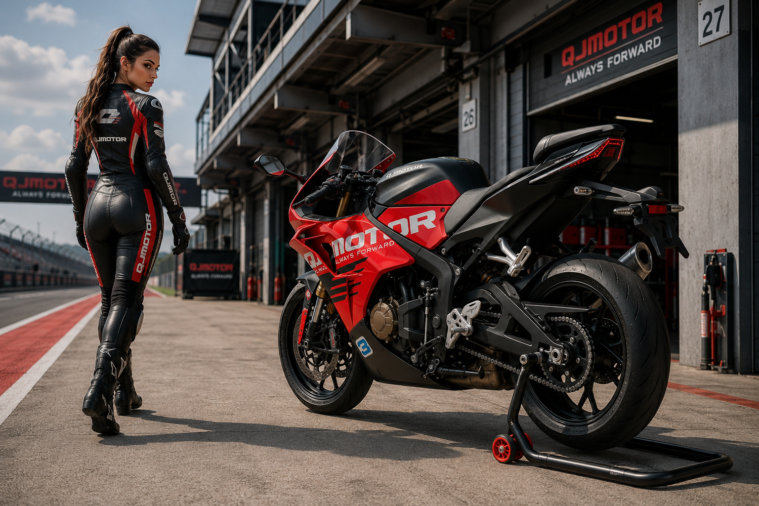 Rot-schwarzer QJMOTOR SRK 800 RC mit Rennsportgrafiken in einer Boxengasse geparkt. Eine Frau im rot-schwarzen Rennanzug steht im Vordergrund vor dem Motorrad und blickt zu ihm zurück; Garagen und eine rote Bodenmarkierung liegen dahinter.
