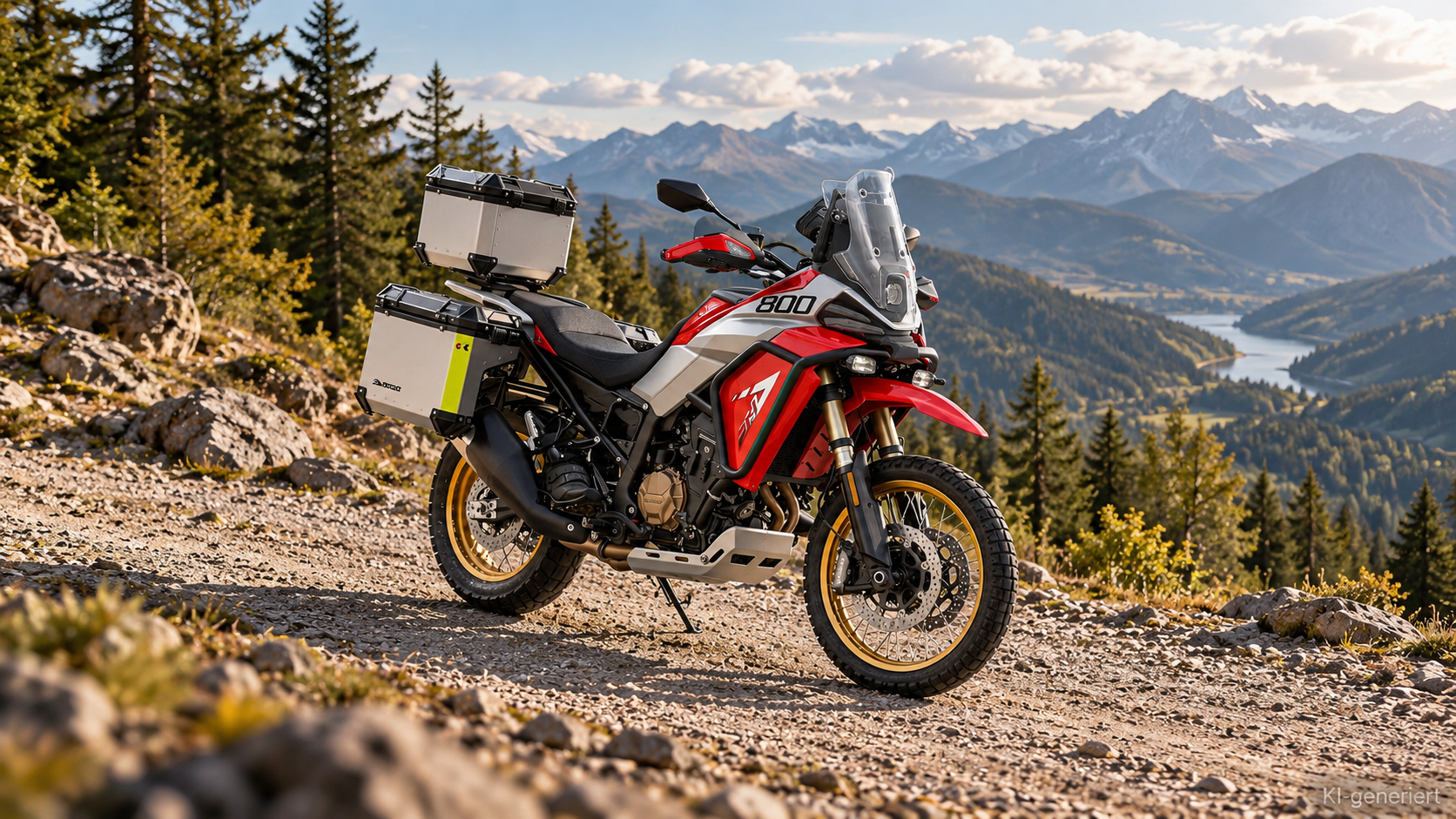 KI-generierte Szene: Rot-silberner QJMOTOR SRT 800 RX mit hoher Windschutzscheibe, goldfarbenen Speichenrädern und drei Aluminiumkoffern, vollständig ohne Fahrer auf einem steinigen Bergweg geparkt. Nadelbäume, ein tiefer Bergsee und schneebedeckte Gipfel liegen im Hintergrund.