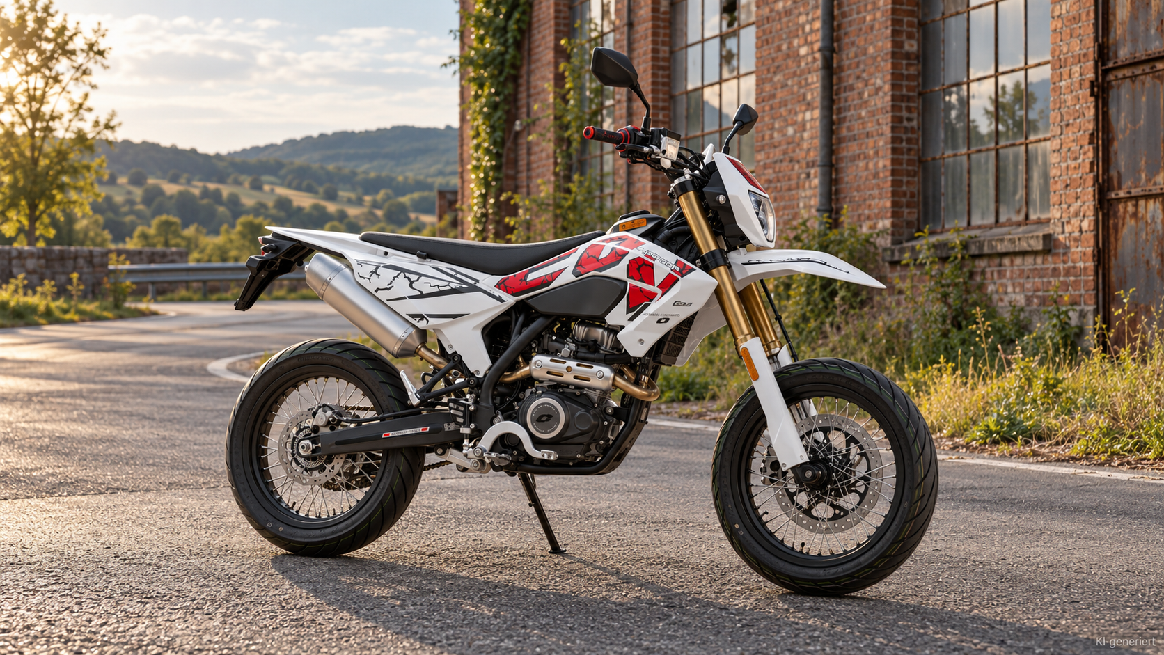 KI-generierte Szene: Weiß-roter QJMOTOR COV 125 SM mit schwarzen Straßenreifen und goldfarbener Gabel, vollständig ohne Fahrer auf Asphalt geparkt. Das Motorrad steht auf dem Seitenständer vor einem alten Ziegelgebäude, das warme Sonnenlicht fällt von der Seite ein.